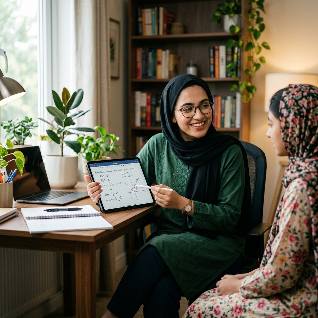 Verified female home tutor in Karachi explaining O Level Mathematics concepts on a tablet